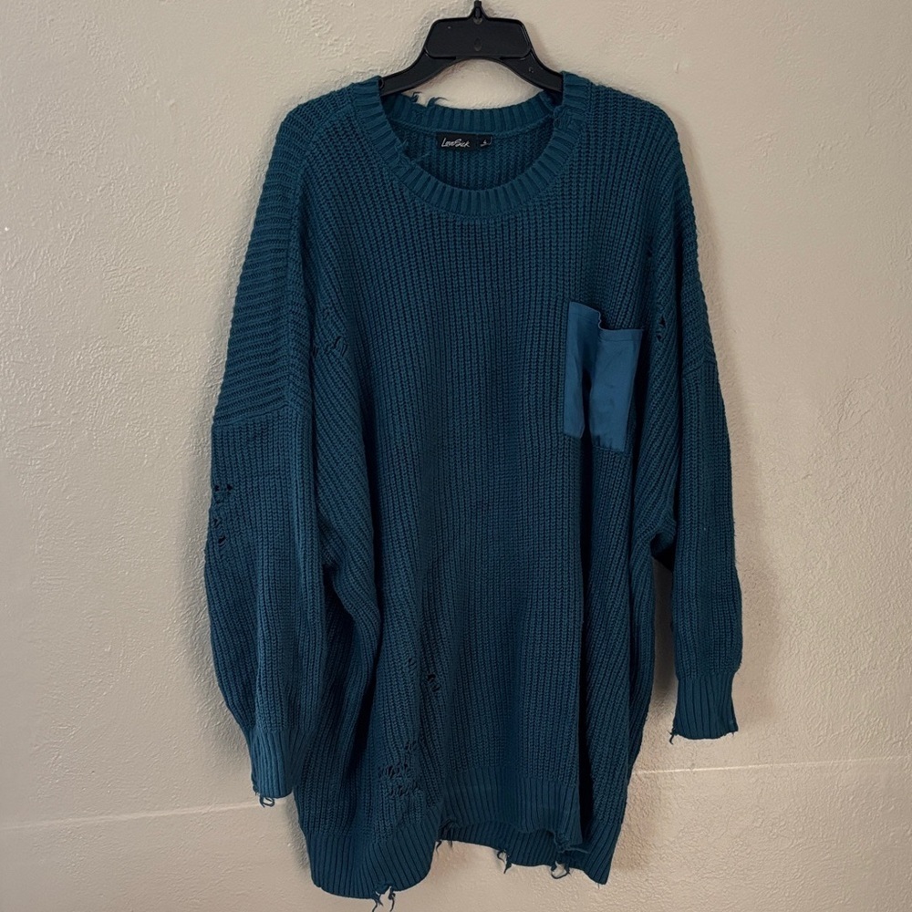Torrid Lovesick Distressed Satin Pocket Pullover Sweater Blue 4X
